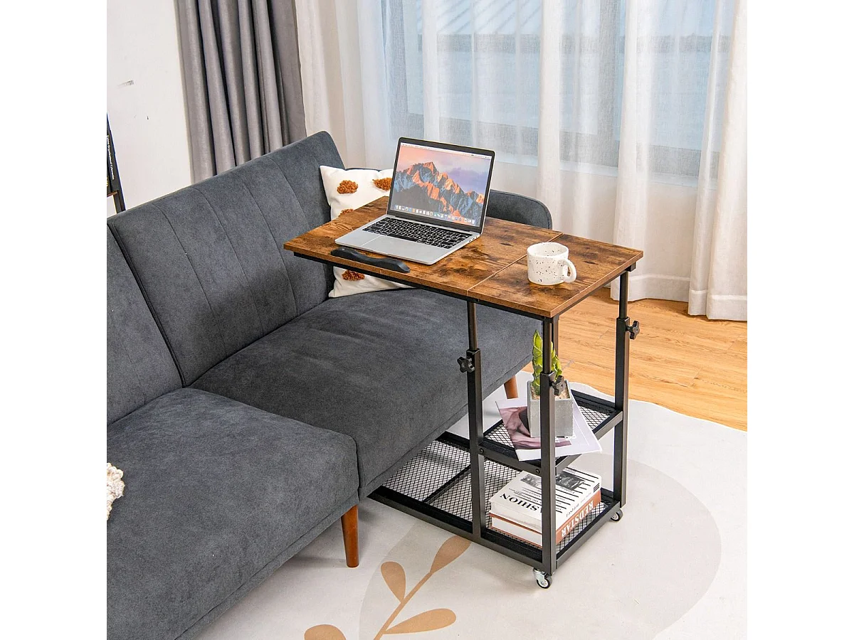 Table d’Appoint, Bout de Canapé en Forme C, Plateau Réglable en 5 Angles, Hauteur Réglable 64-92cm, 2 Étagères, Table de Lit à Roulette, Style Industriel (Brun)