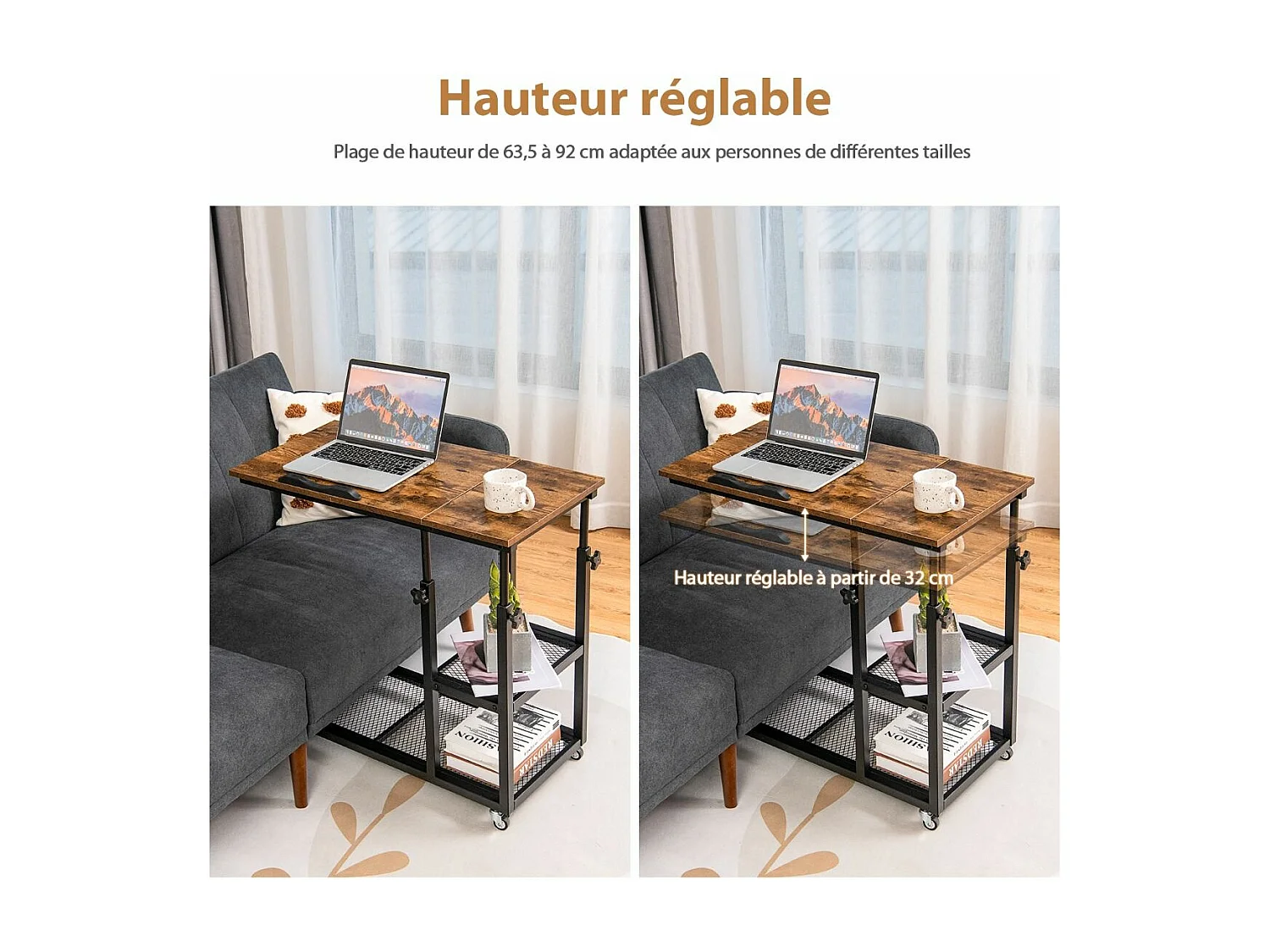 Table d’Appoint, Bout de Canapé en Forme C, Plateau Réglable en 5 Angles, Hauteur Réglable 64-92cm, 2 Étagères, Table de Lit à Roulette, Style Industriel (Brun)