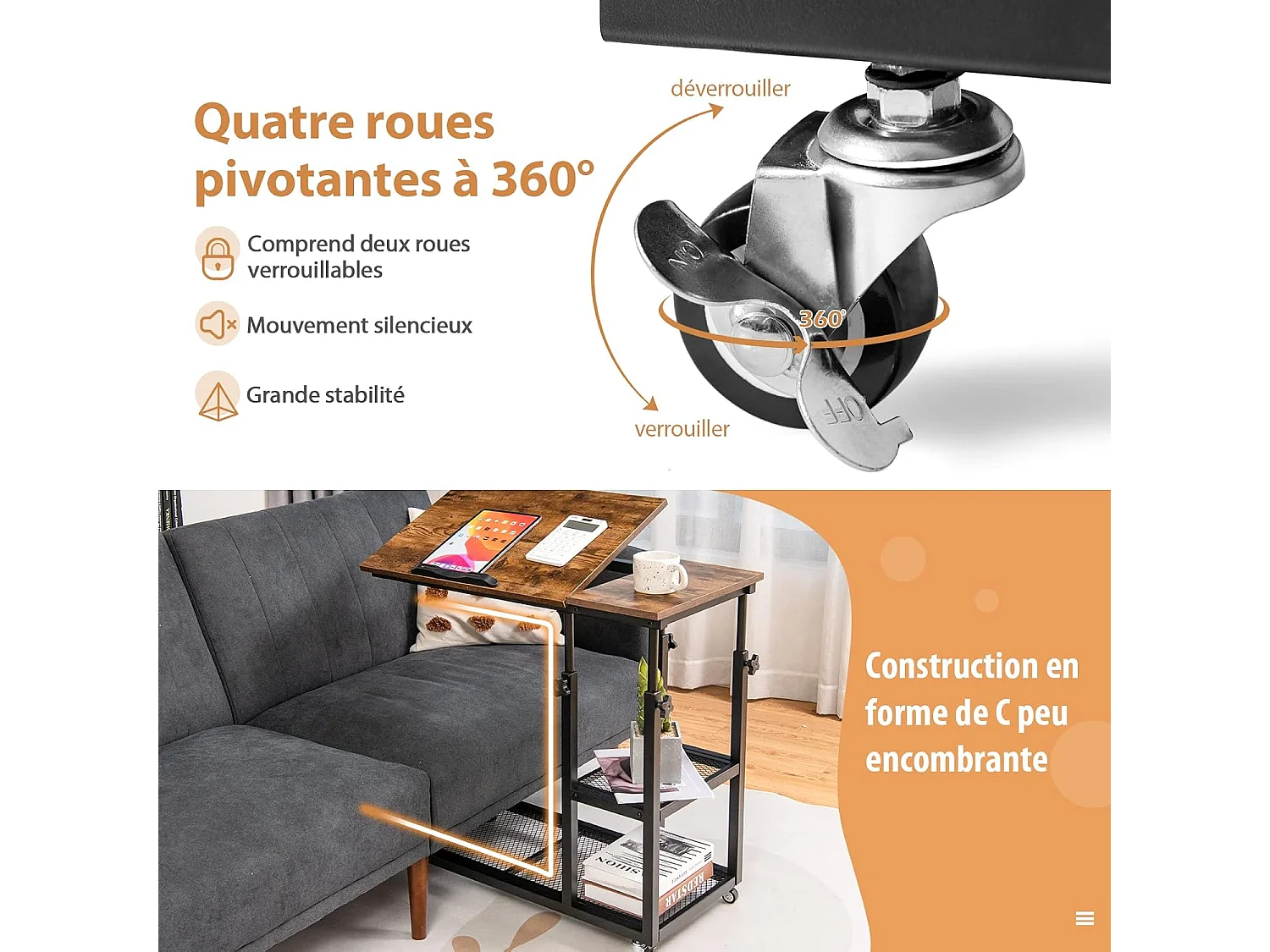 Table d’Appoint, Bout de Canapé en Forme C, Plateau Réglable en 5 Angles, Hauteur Réglable 64-92cm, 2 Étagères, Table de Lit à Roulette, Style Industriel (Brun)