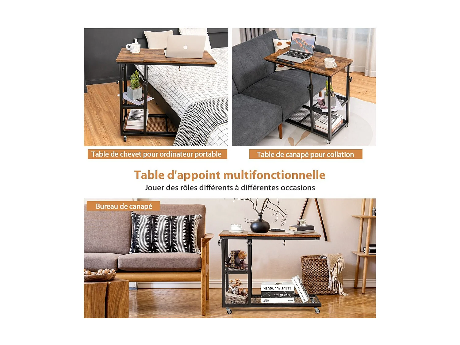 Table d’Appoint, Bout de Canapé en Forme C, Plateau Réglable en 5 Angles, Hauteur Réglable 64-92cm, 2 Étagères, Table de Lit à Roulette, Style Industriel (Brun)