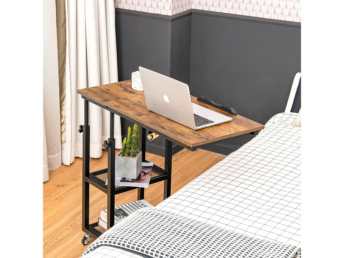 Table d’Appoint, Bout de Canapé en Forme C, Plateau Réglable en 5 Angles, Hauteur Réglable 64-92cm, 2 Étagères, Table de Lit à Roulette, Style Industriel (Brun)