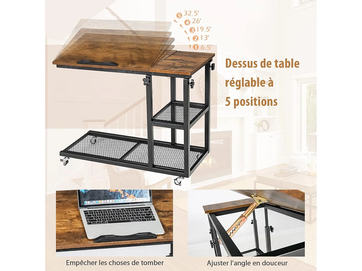Table d’Appoint, Bout de Canapé en Forme C, Plateau Réglable en 5 Angles, Hauteur Réglable 64-92cm, 2 Étagères, Table de Lit à Roulette, Style Industriel (Brun)