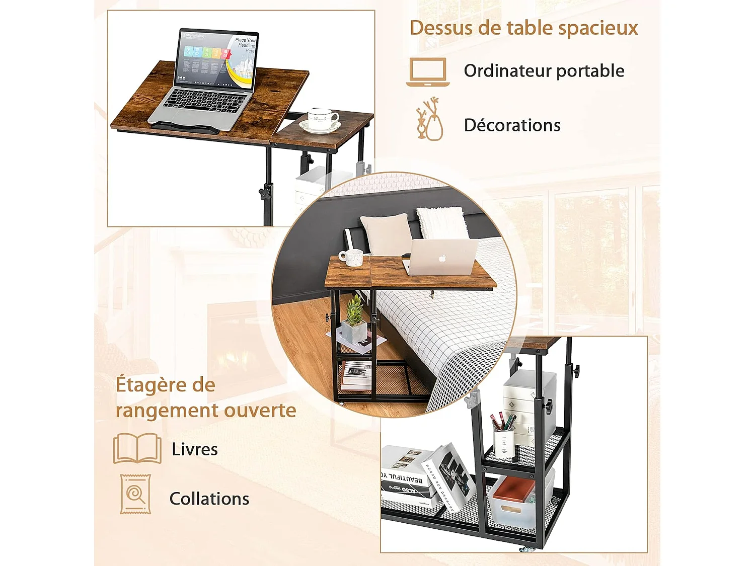 Table d’Appoint, Bout de Canapé en Forme C, Plateau Réglable en 5 Angles, Hauteur Réglable 64-92cm, 2 Étagères, Table de Lit à Roulette, Style Industriel (Brun)