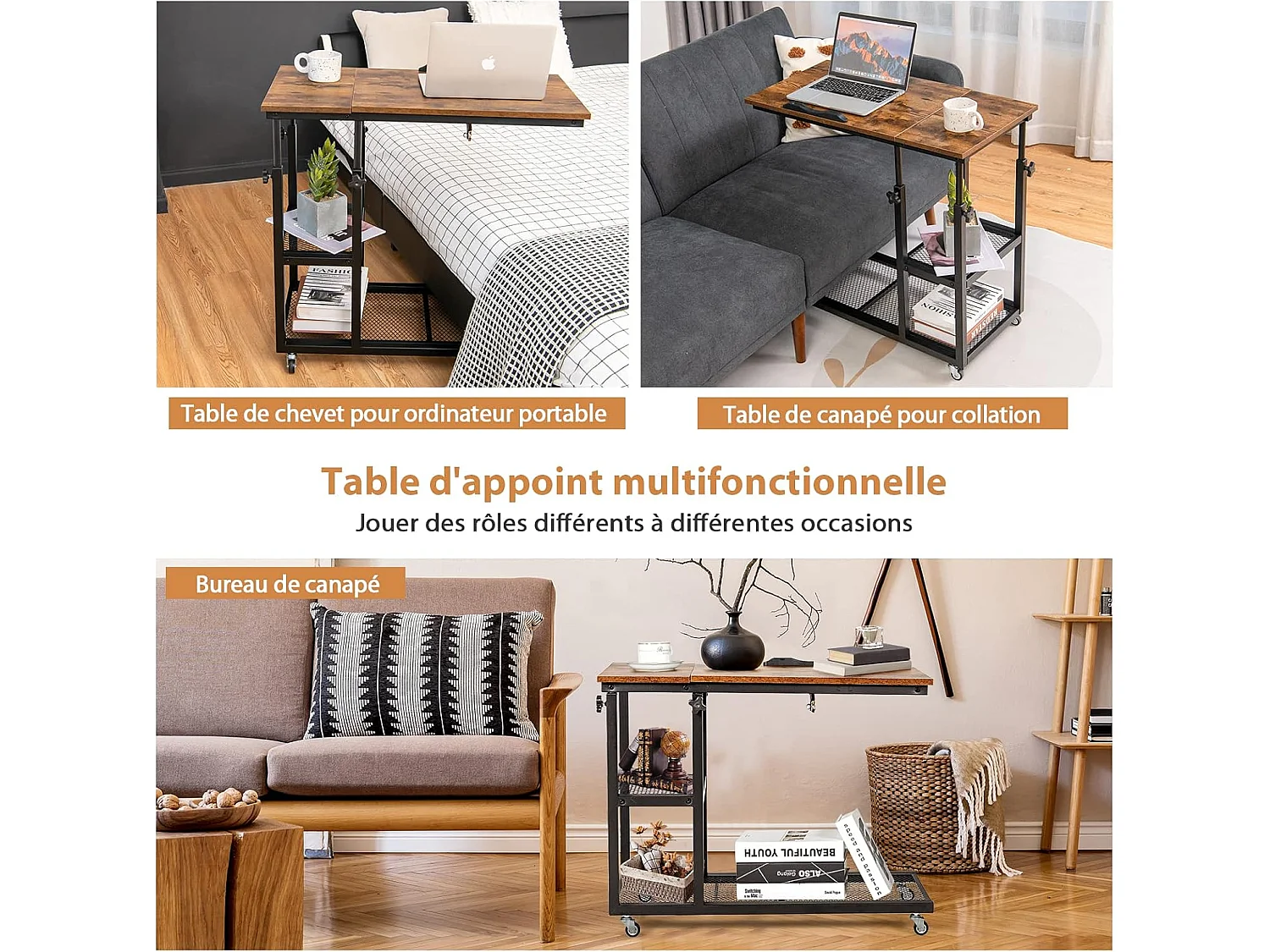 Table d’Appoint, Bout de Canapé en Forme C, Plateau Réglable en 5 Angles, Hauteur Réglable 64-92cm, 2 Étagères, Table de Lit à Roulette, Style Industriel (Brun)