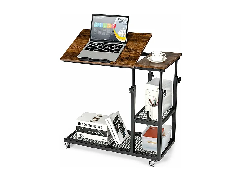 Table d’Appoint, Bout de Canapé en Forme C, Plateau Réglable en 5 Angles, Hauteur Réglable 64-92cm, 2 Étagères, Table de Lit à Roulette, Style Industriel (Brun)