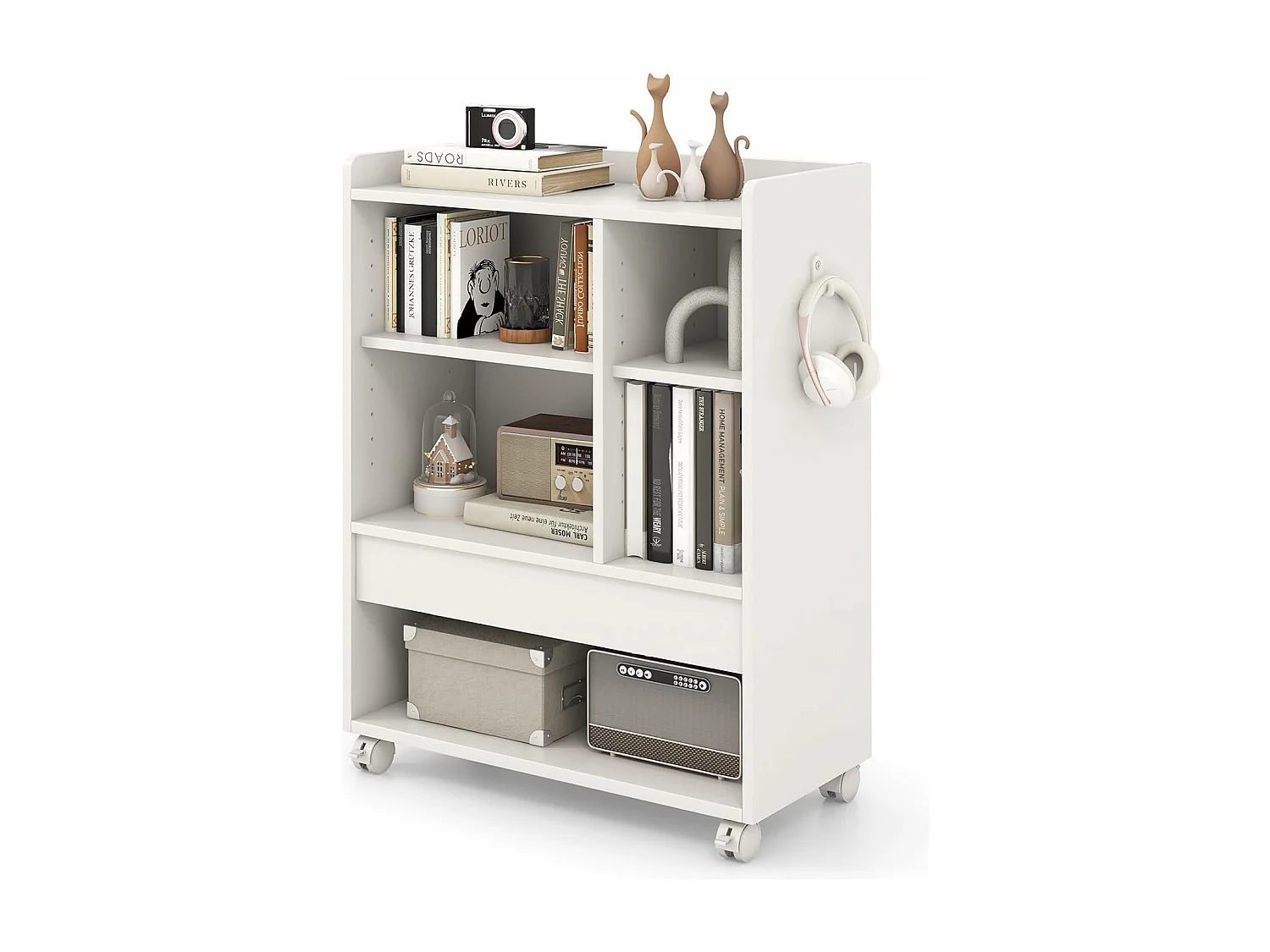 Table d’Appoint à Roulette, Meuble Tourne-Disque Vinyle, 5 Compartiments (Blanc)