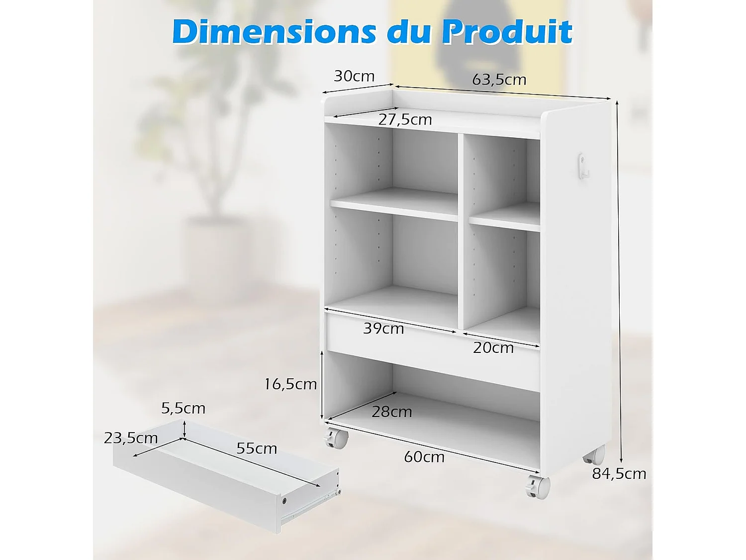 Table d’Appoint à Roulette, Meuble Tourne-Disque Vinyle, 5 Compartiments (Blanc)