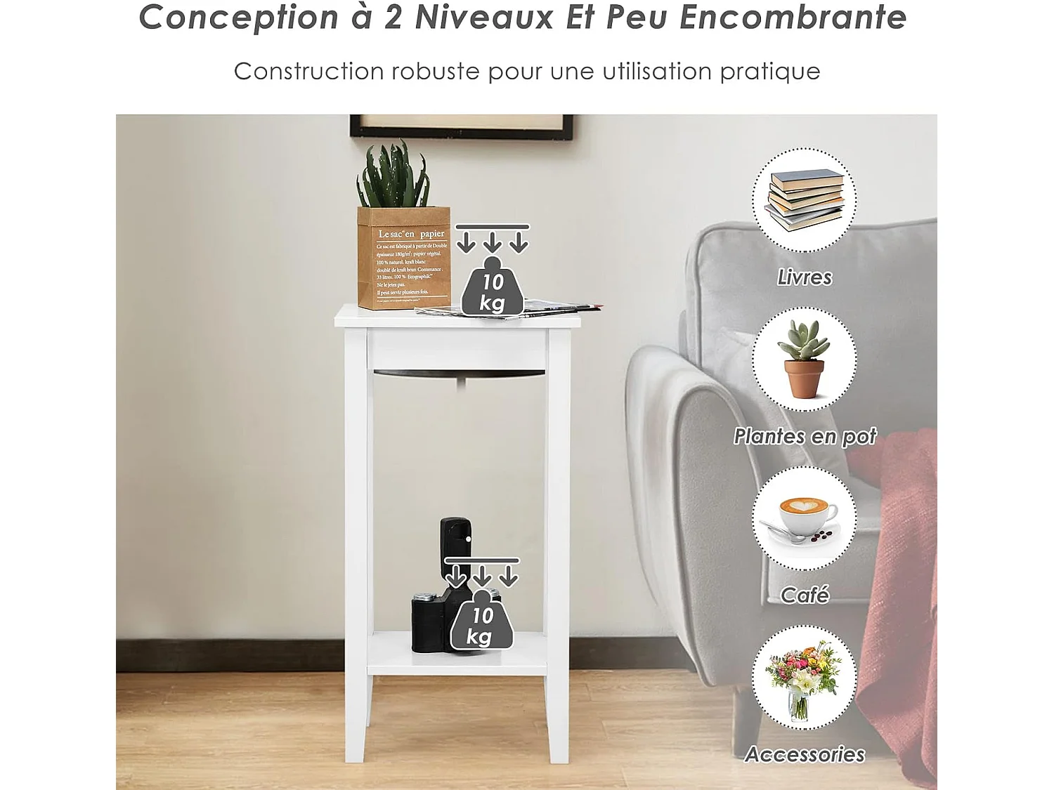 Table d'appoint, à 2 niveaux avec pieds en bois massif 40,5 x 29 x 73,5 cm blanc