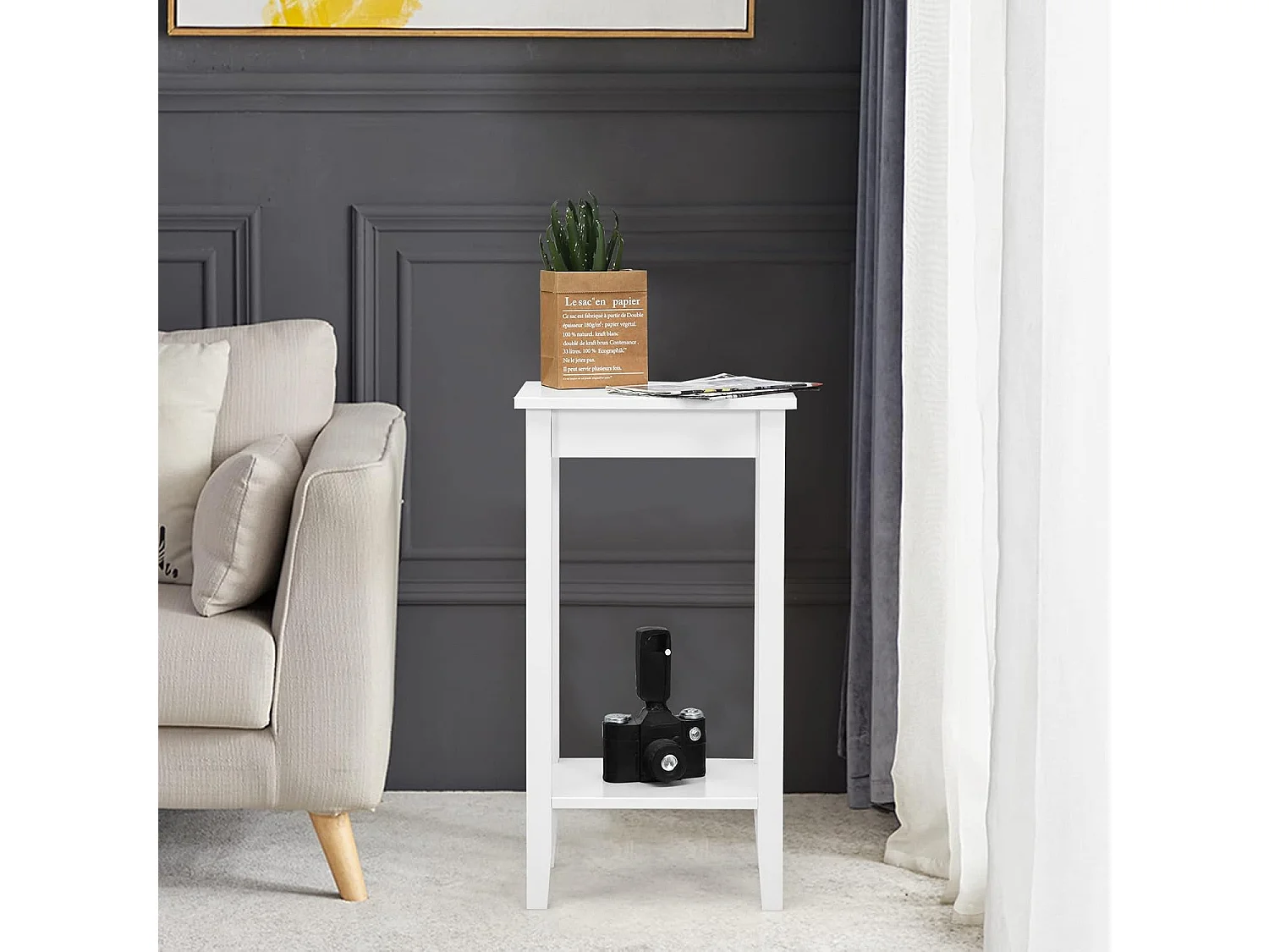 Table d'appoint, à 2 niveaux avec pieds en bois massif 40,5 x 29 x 73,5 cm blanc