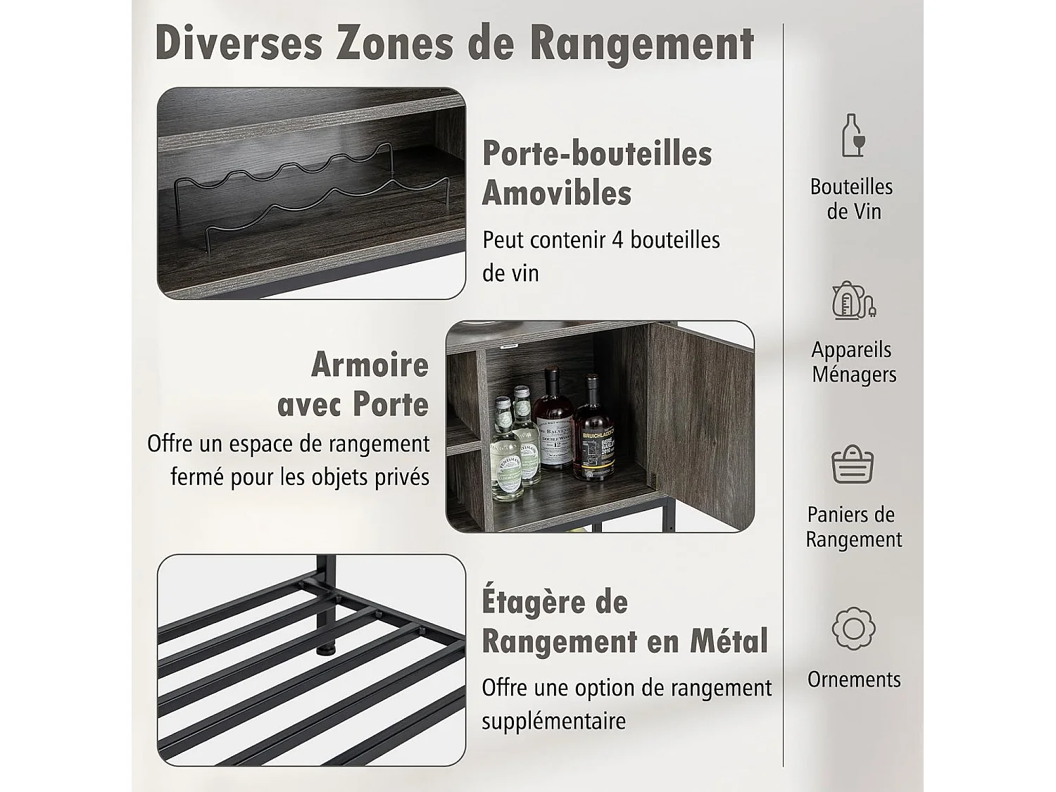 Buffet cuisine, meuble avec cassier à vin & étagères, armoire avec cadre métallique(gris)