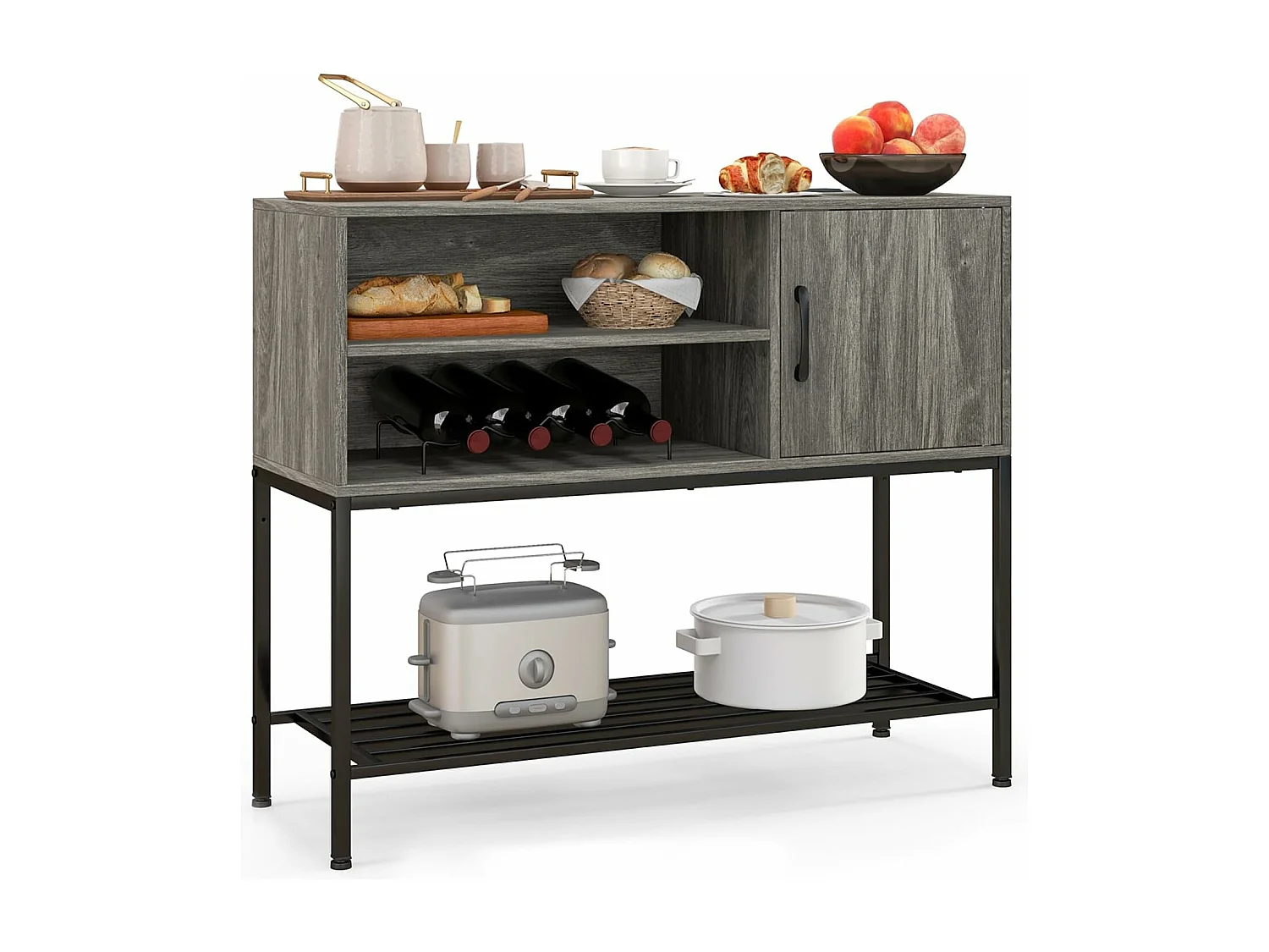 Buffet cuisine, meuble avec cassier à vin & étagères, armoire avec cadre métallique(gris)