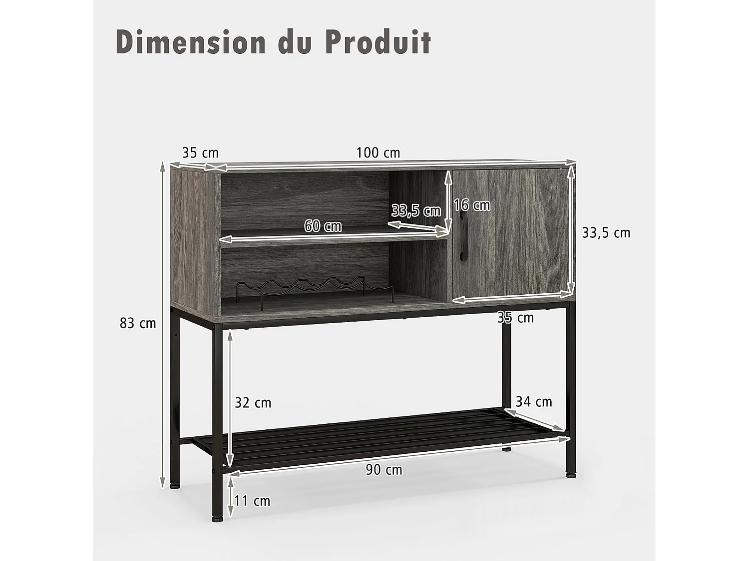 Buffet cuisine, meuble avec cassier à vin & étagères, armoire avec cadre métallique(gris)