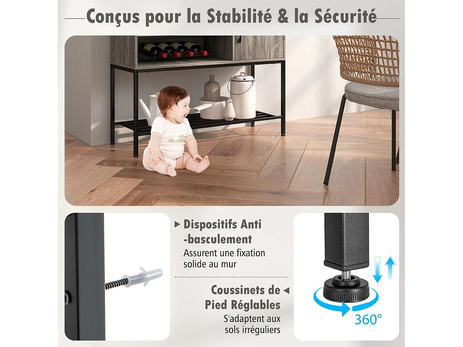 Buffet cuisine, meuble avec cassier à vin & étagères, armoire avec cadre métallique(gris)