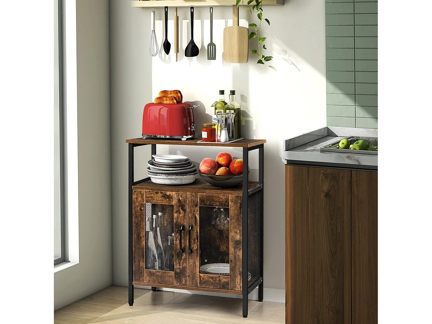 Buffet de cuisine à 2 portes en treillis, 60 x 34 x 79 cm, marron rustique