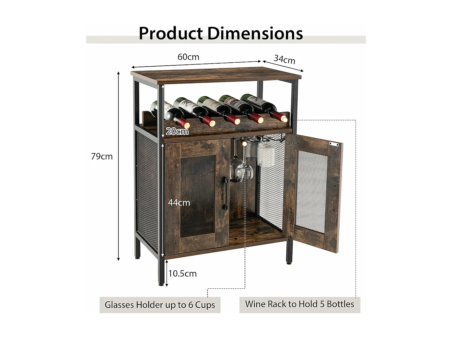 Buffet de cuisine à 2 portes en treillis, 60 x 34 x 79 cm, marron rustique