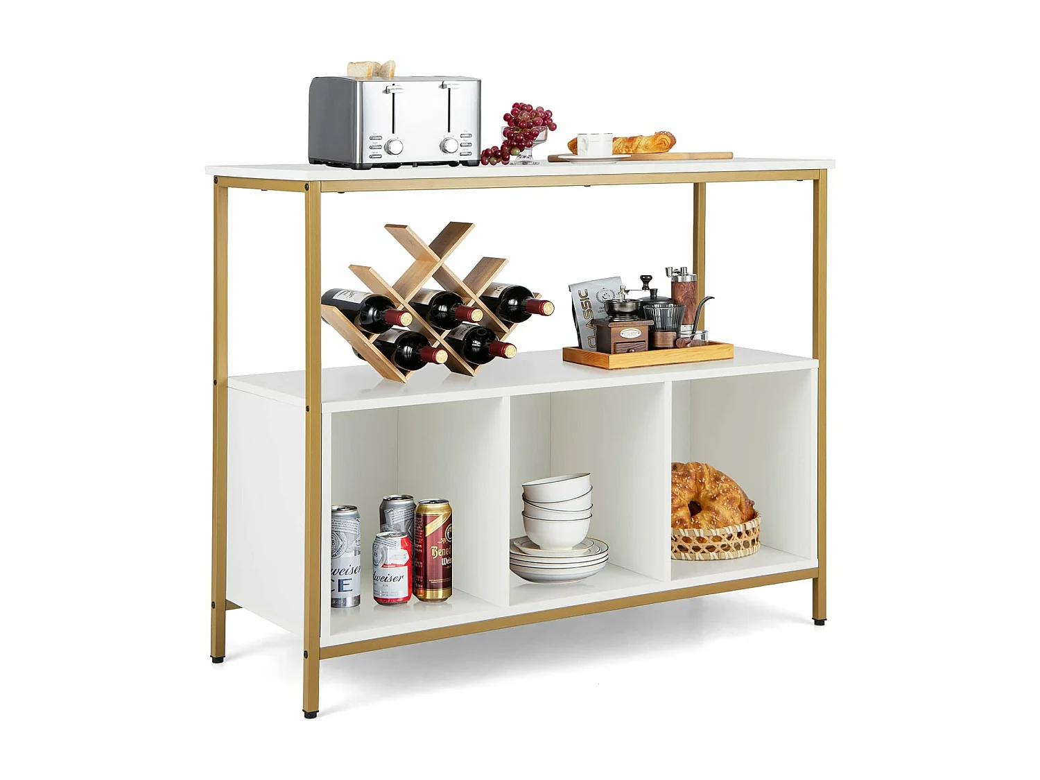 Buffet cuisine, meuble bas cuisine 3 compartiments, 2 étagère, 110 x 42,5 x 88 cm (blanc)