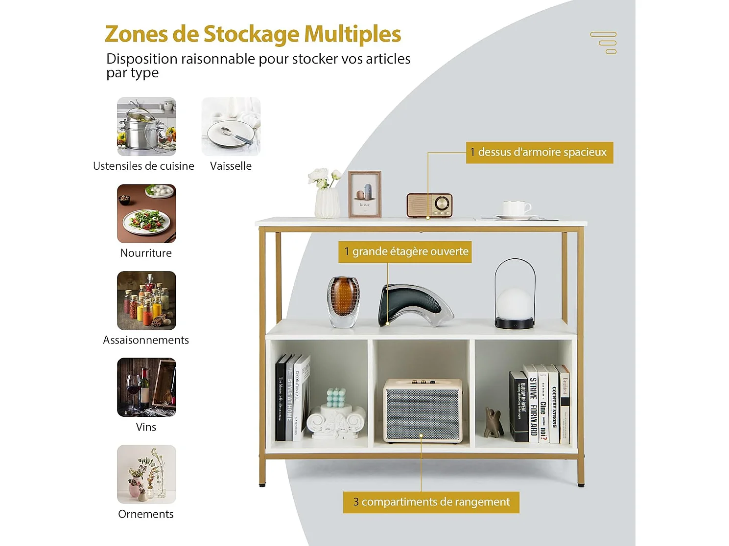 Buffet cuisine, meuble bas cuisine 3 compartiments, 2 étagère, 110 x 42,5 x 88 cm (blanc)