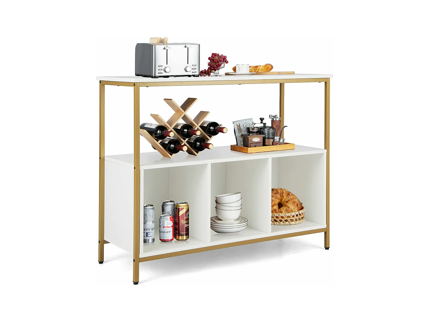 Buffet cuisine, meuble bas cuisine 3 compartiments, 2 étagère, 110 x 42,5 x 88 cm (blanc)