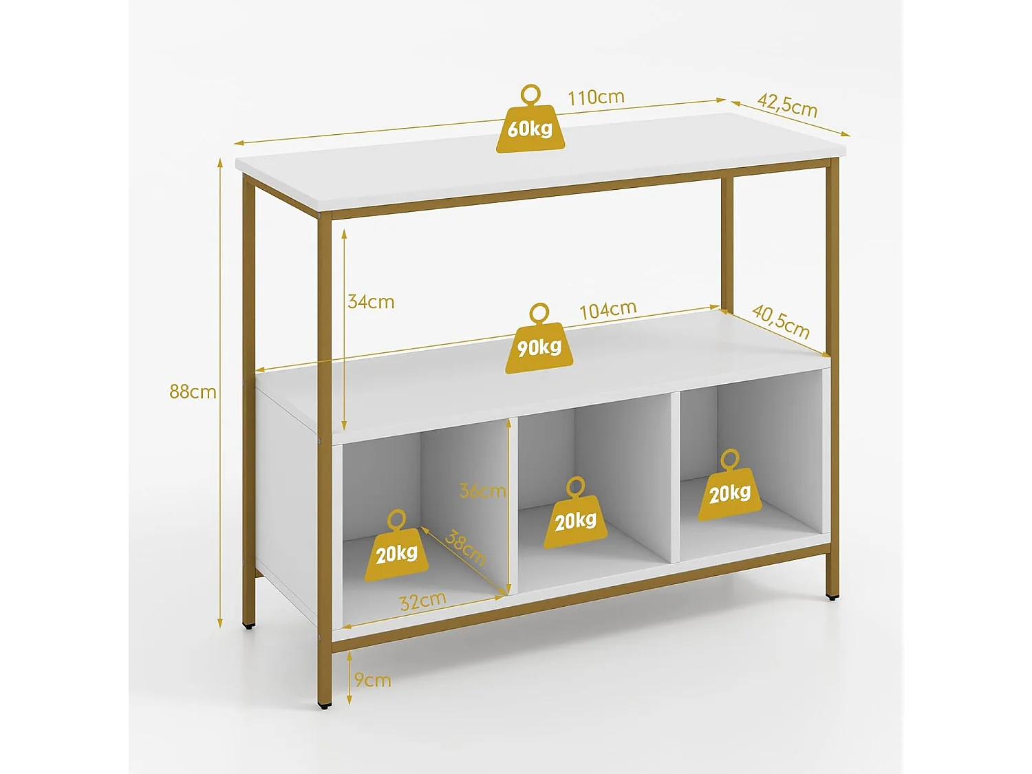 Buffet cuisine, meuble bas cuisine 3 compartiments, 2 étagère, 110 x 42,5 x 88 cm (blanc)