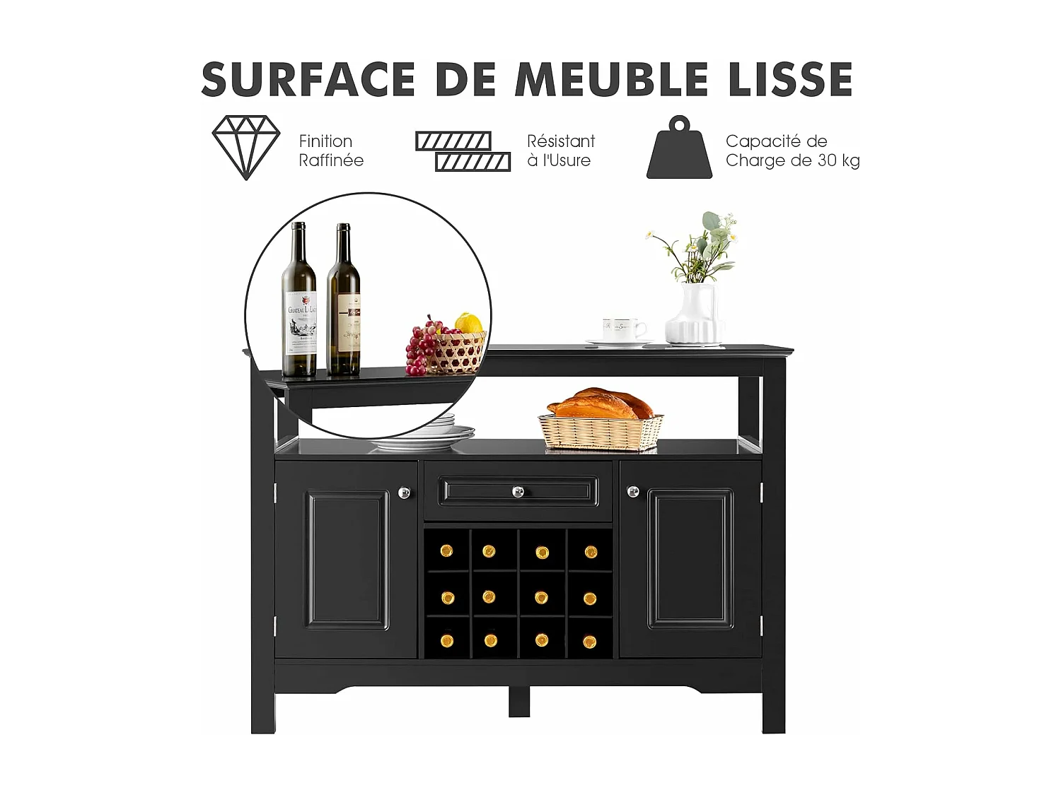 Buffet Cuisine avec Casier à Vin Amovible pour 12 Bouteilles, 2 Etagèress, 1 Tiroir, 2 Placards, Armoire de Cuisine Porte-Bouteille pour Salle à Manger, Salon, 117x40,5x82,5cm (Noir)