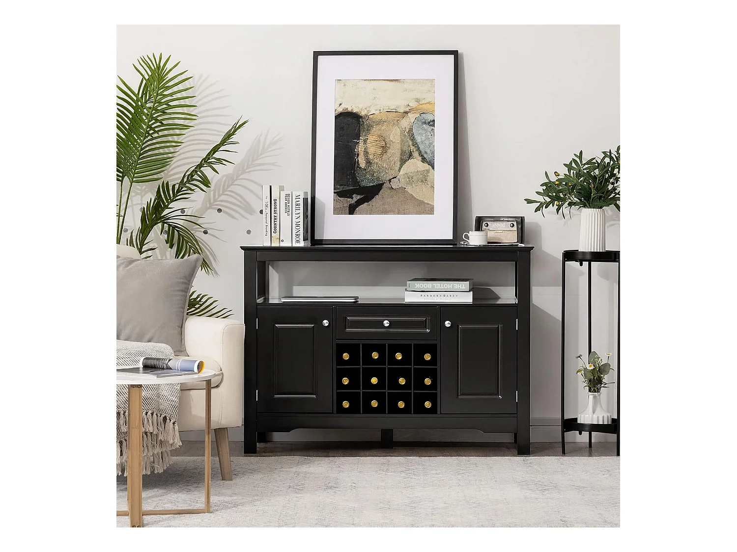 Buffet Cuisine avec Casier à Vin Amovible pour 12 Bouteilles, 2 Etagèress, 1 Tiroir, 2 Placards, Armoire de Cuisine Porte-Bouteille pour Salle à Manger, Salon, 117x40,5x82,5cm (Noir)