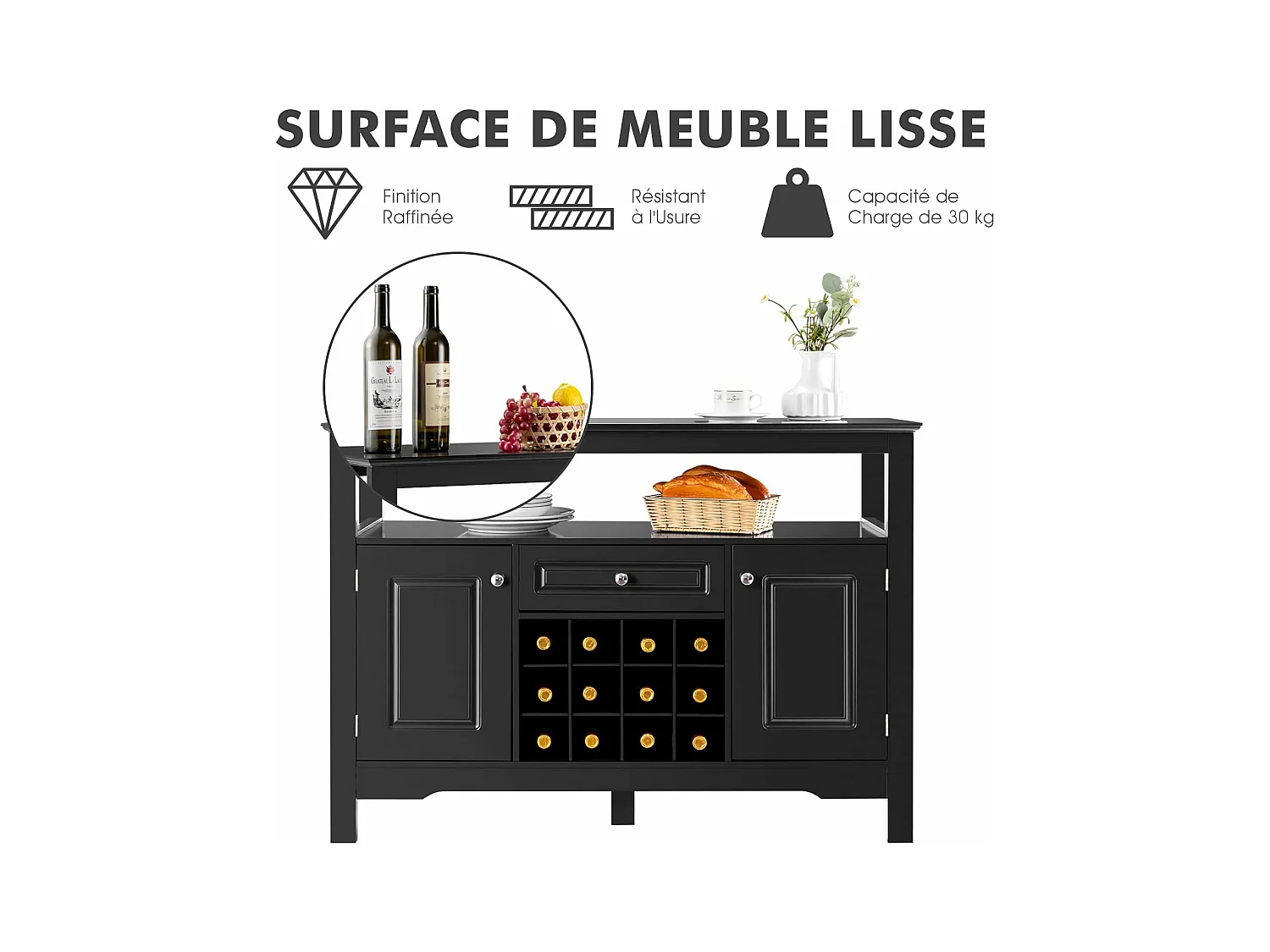 Buffet Cuisine avec Casier à Vin Amovible pour 12 Bouteilles, 2 Etagèress, 1 Tiroir, 2 Placards, Armoire de Cuisine Porte-Bouteille pour Salle à Manger, Salon, 117x40,5x82,5cm (Noir)
