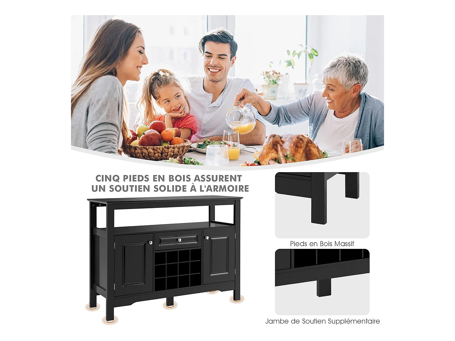 Buffet Cuisine avec Casier à Vin Amovible pour 12 Bouteilles, 2 Etagèress, 1 Tiroir, 2 Placards, Armoire de Cuisine Porte-Bouteille pour Salle à Manger, Salon, 117x40,5x82,5cm (Noir)