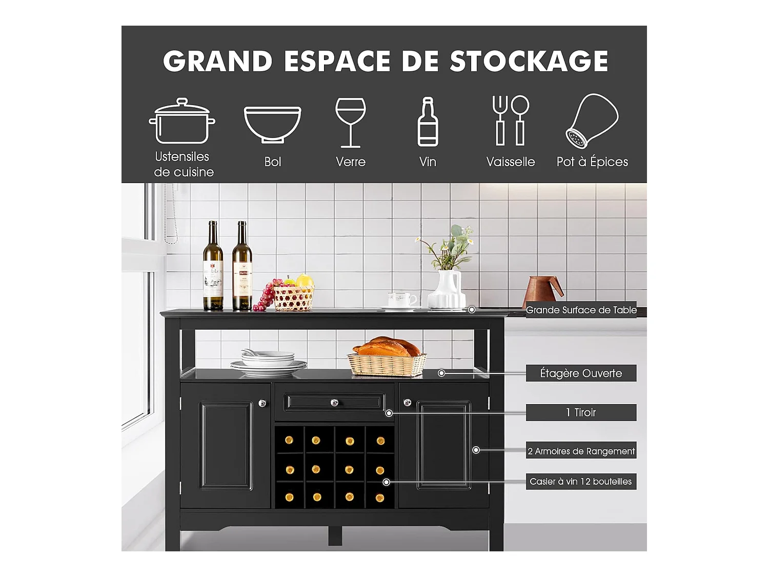 Buffet Cuisine avec Casier à Vin Amovible pour 12 Bouteilles, 2 Etagèress, 1 Tiroir, 2 Placards, Armoire de Cuisine Porte-Bouteille pour Salle à Manger, Salon, 117x40,5x82,5cm (Noir)
