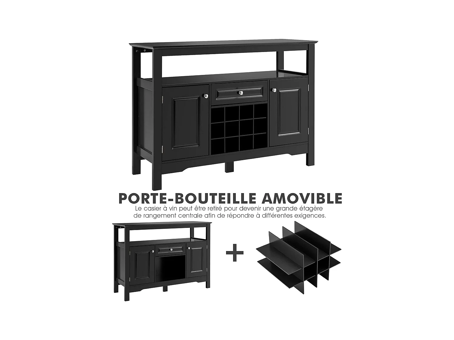 Buffet Cuisine avec Casier à Vin Amovible pour 12 Bouteilles, 2 Etagèress, 1 Tiroir, 2 Placards, Armoire de Cuisine Porte-Bouteille pour Salle à Manger, Salon, 117x40,5x82,5cm (Noir)