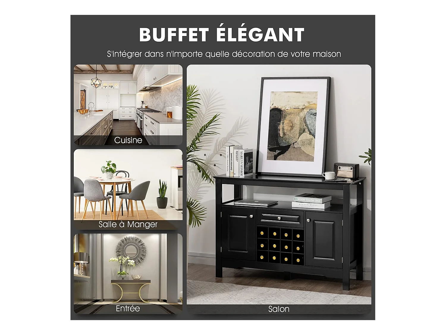 Buffet Cuisine avec Casier à Vin Amovible pour 12 Bouteilles, 2 Etagèress, 1 Tiroir, 2 Placards, Armoire de Cuisine Porte-Bouteille pour Salle à Manger, Salon, 117x40,5x82,5cm (Noir)