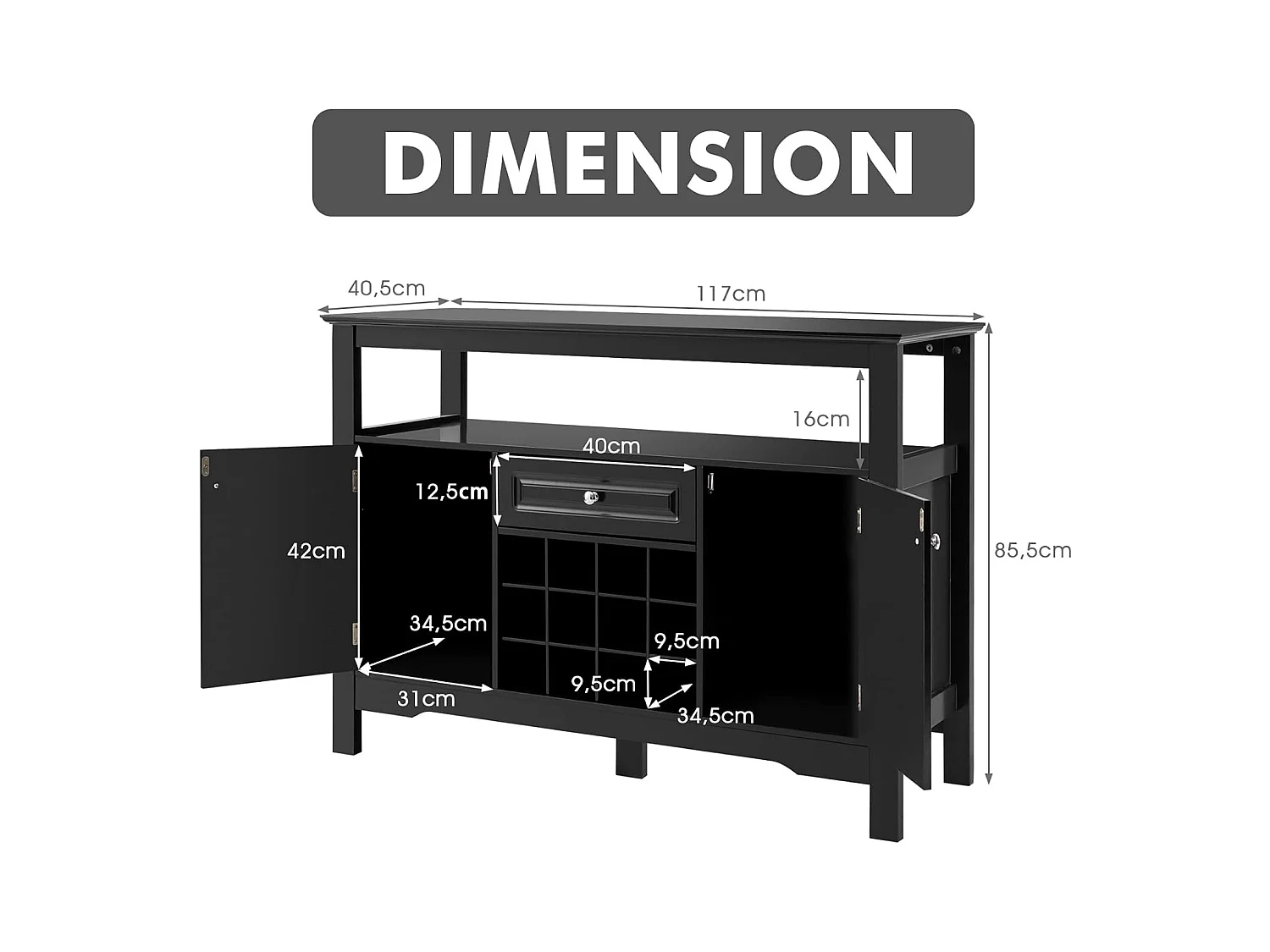 Buffet Cuisine avec Casier à Vin Amovible pour 12 Bouteilles, 2 Etagèress, 1 Tiroir, 2 Placards, Armoire de Cuisine Porte-Bouteille pour Salle à Manger, Salon, 117x40,5x82,5cm (Noir)
