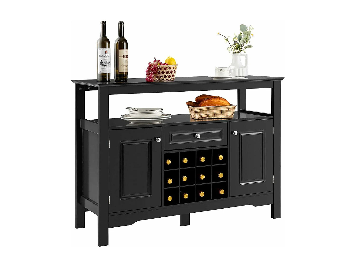 Buffet Cuisine avec Casier à Vin Amovible pour 12 Bouteilles, 2 Etagèress, 1 Tiroir, 2 Placards, Armoire de Cuisine Porte-Bouteille pour Salle à Manger, Salon, 117x40,5x82,5cm (Noir)