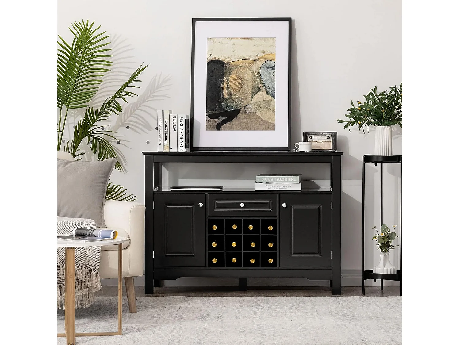 Buffet Cuisine avec Casier à Vin Amovible pour 12 Bouteilles, 2 Etagèress, 1 Tiroir, 2 Placards, Armoire de Cuisine Porte-Bouteille pour Salle à Manger, Salon, 117x40,5x82,5cm (Noir)