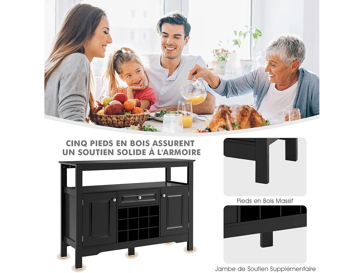 Buffet Cuisine avec Casier à Vin Amovible pour 12 Bouteilles, 2 Etagèress, 1 Tiroir, 2 Placards, Armoire de Cuisine Porte-Bouteille pour Salle à Manger, Salon, 117x40,5x82,5cm (Noir)