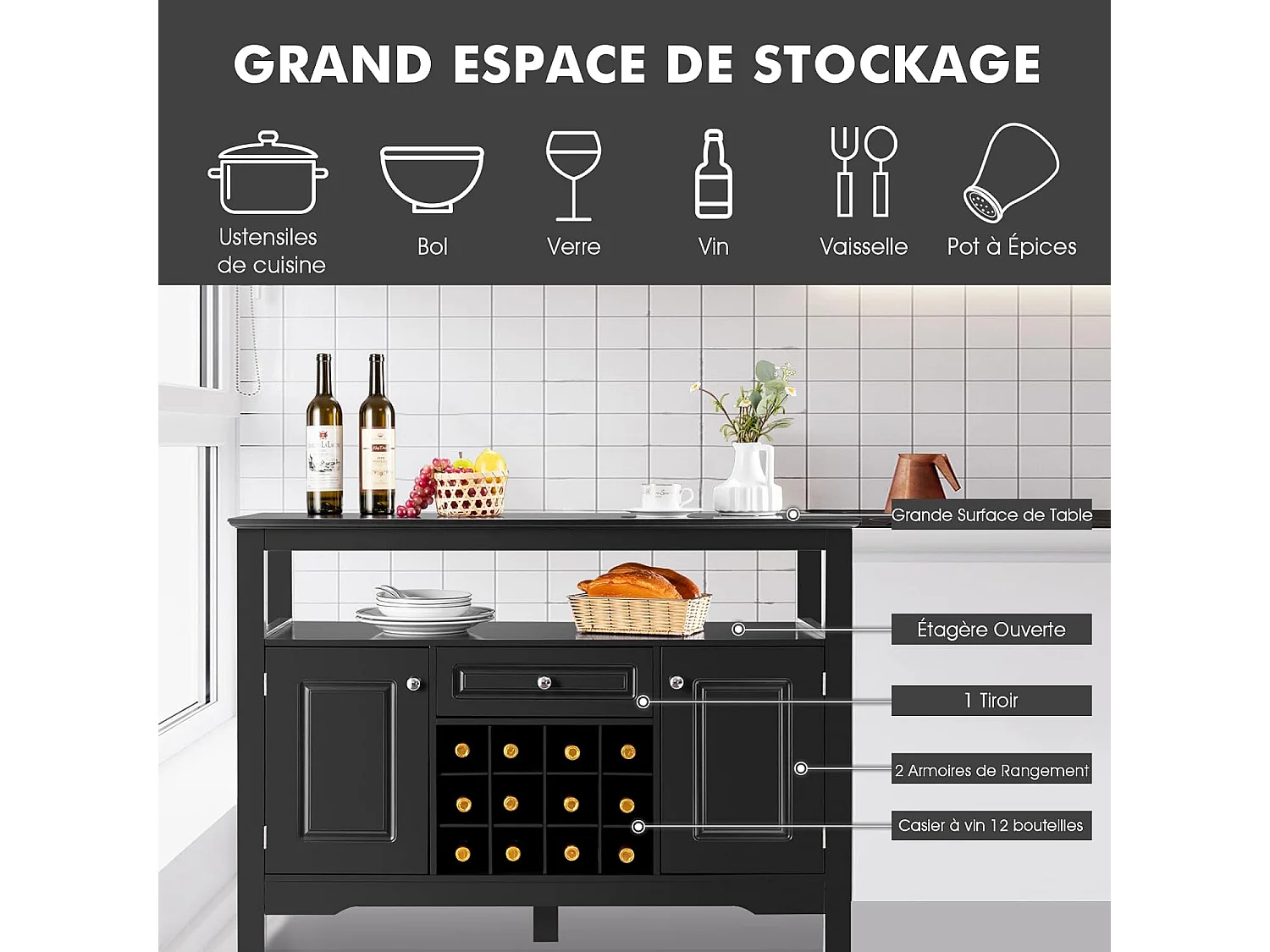 Buffet Cuisine avec Casier à Vin Amovible pour 12 Bouteilles, 2 Etagèress, 1 Tiroir, 2 Placards, Armoire de Cuisine Porte-Bouteille pour Salle à Manger, Salon, 117x40,5x82,5cm (Noir)