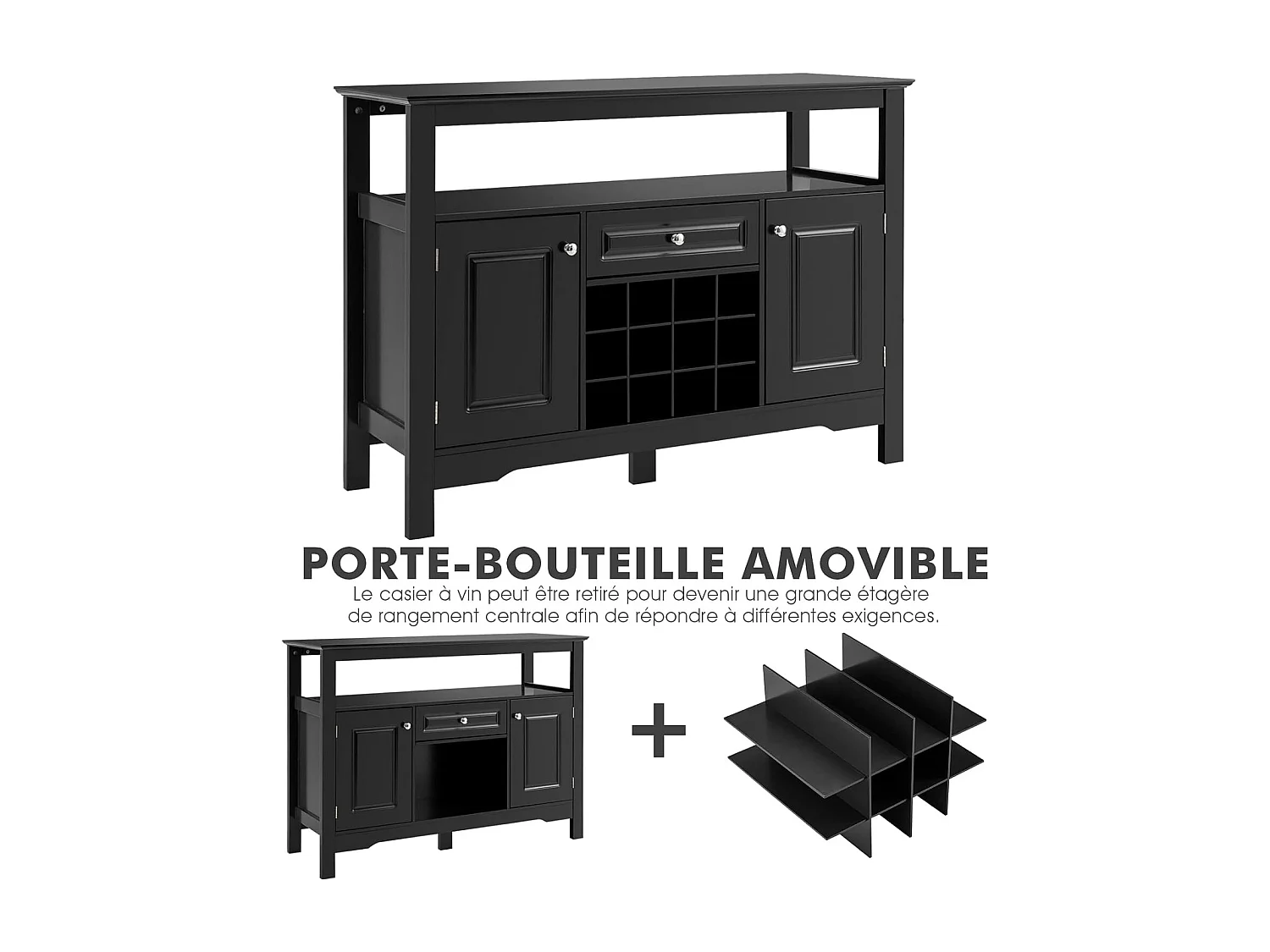 Buffet Cuisine avec Casier à Vin Amovible pour 12 Bouteilles, 2 Etagèress, 1 Tiroir, 2 Placards, Armoire de Cuisine Porte-Bouteille pour Salle à Manger, Salon, 117x40,5x82,5cm (Noir)