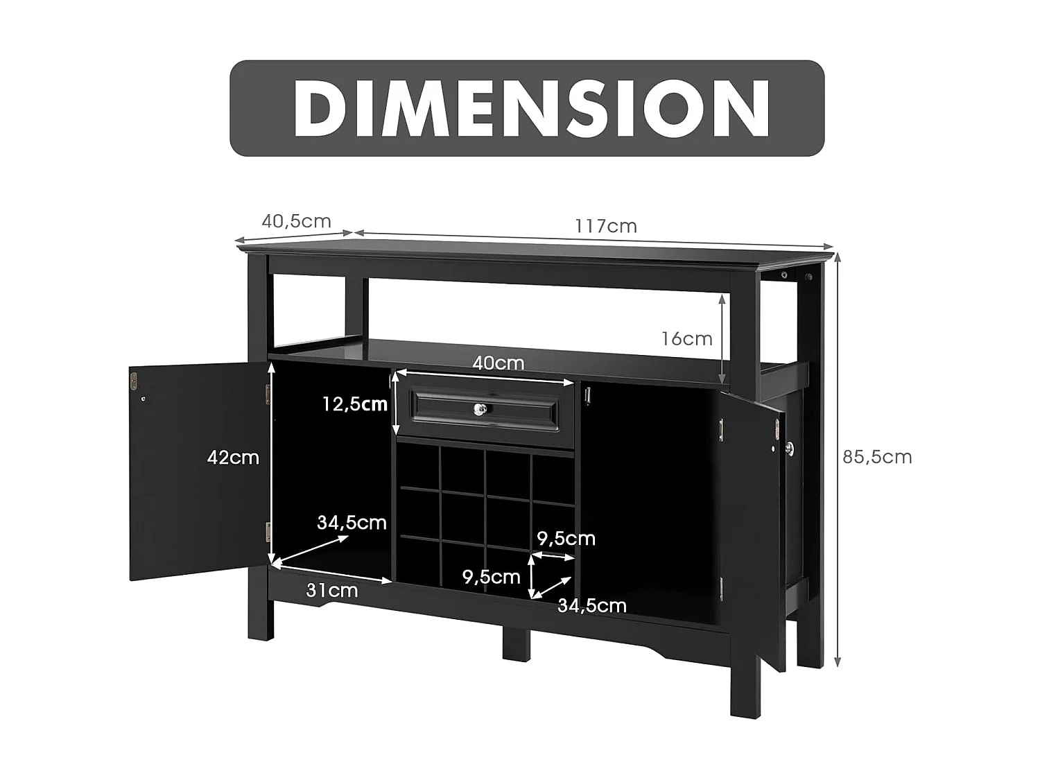 Buffet Cuisine avec Casier à Vin Amovible pour 12 Bouteilles, 2 Etagèress, 1 Tiroir, 2 Placards, Armoire de Cuisine Porte-Bouteille pour Salle à Manger, Salon, 117x40,5x82,5cm (Noir)