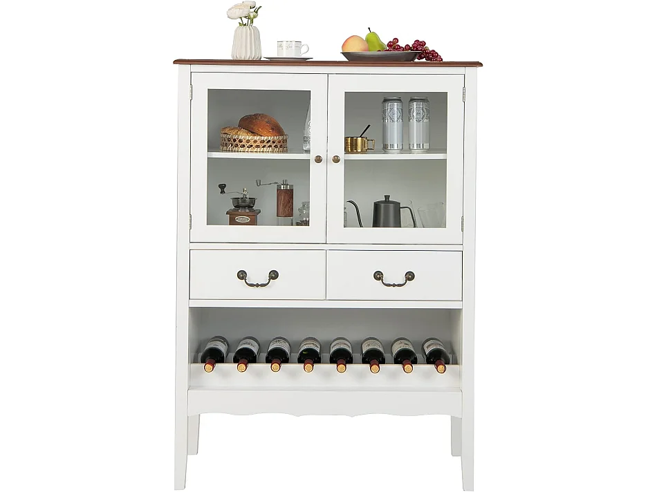 Buffet de cuisine à 2 portes vitrées avec 2 tiroirs porte-bouteilles,90x40x126,5cm blanc