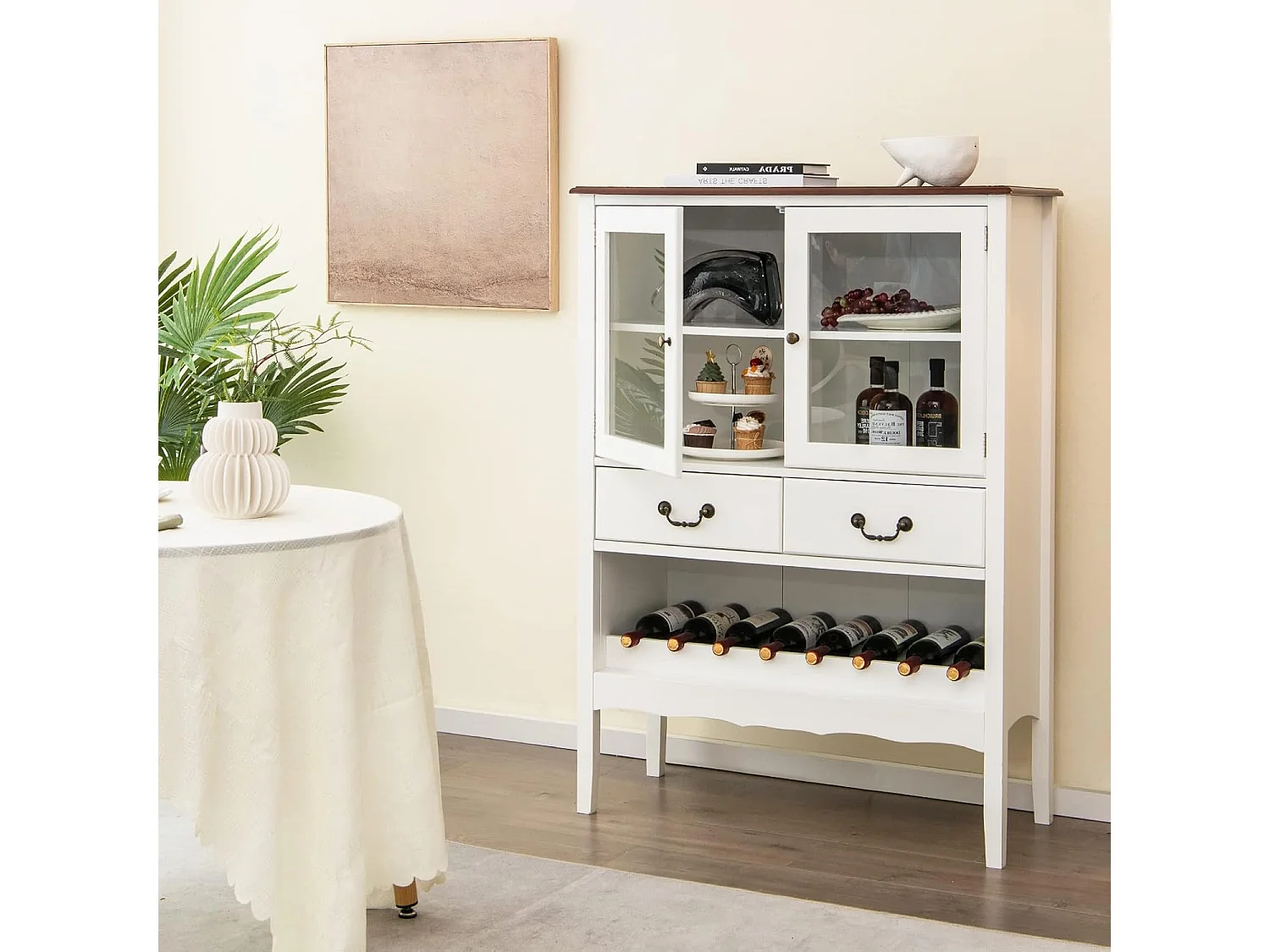 Buffet de cuisine à 2 portes vitrées avec 2 tiroirs porte-bouteilles,90x40x126,5cm blanc