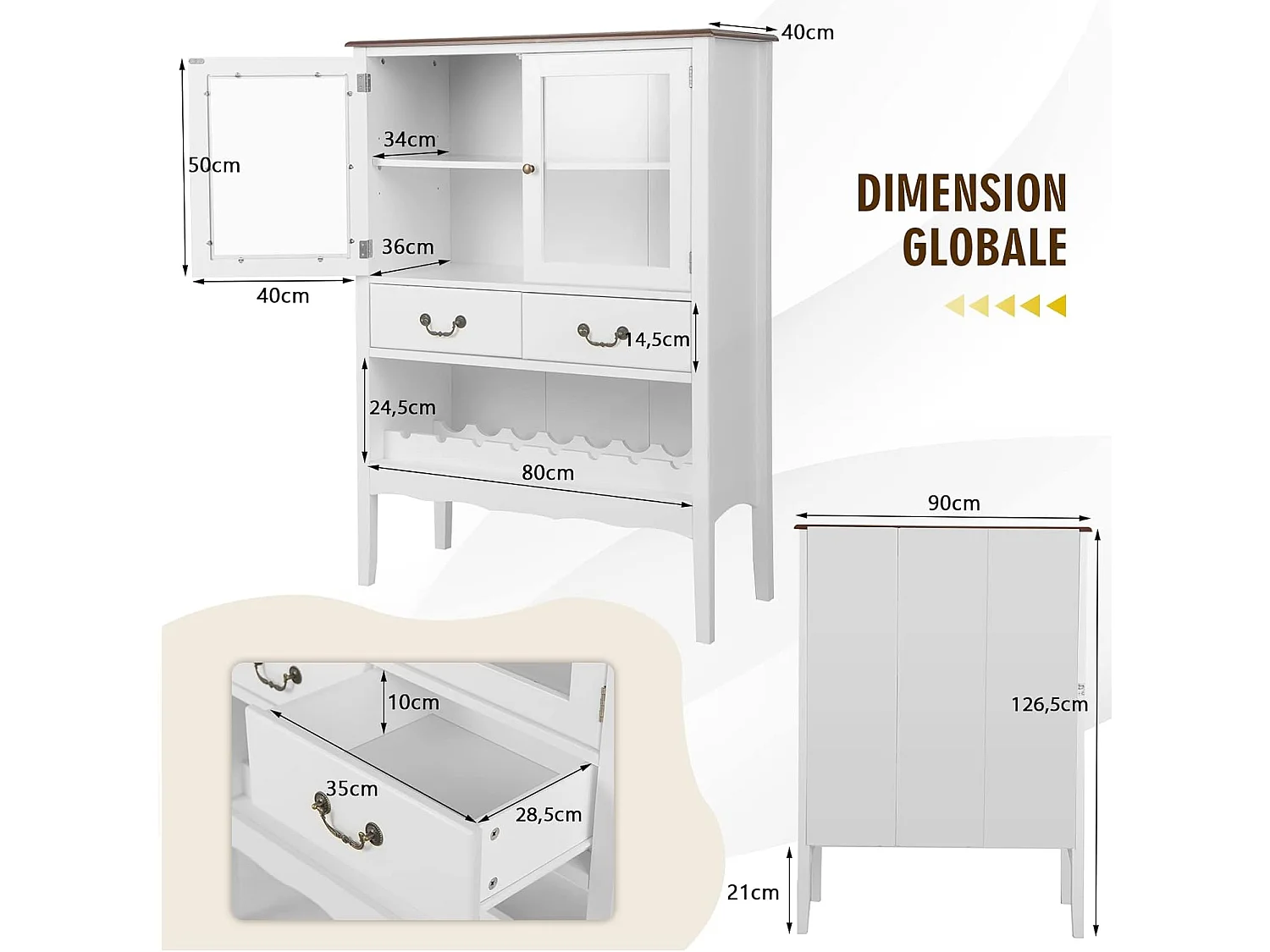 Buffet de cuisine à 2 portes vitrées avec 2 tiroirs porte-bouteilles,90x40x126,5cm blanc