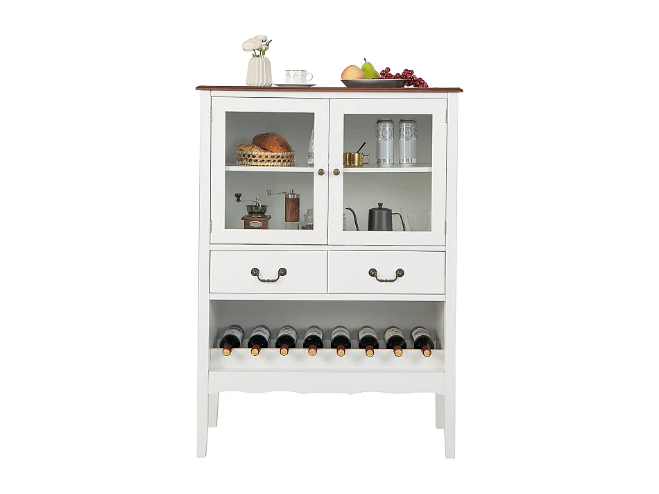 Buffet de cuisine à 2 portes vitrées avec 2 tiroirs porte-bouteilles,90x40x126,5cm blanc