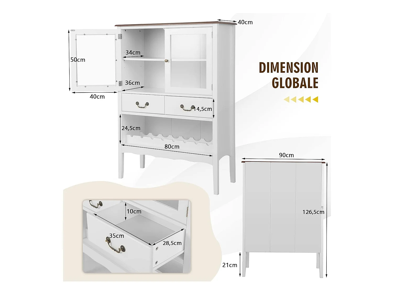Buffet de cuisine à 2 portes vitrées avec 2 tiroirs porte-bouteilles,90x40x126,5cm blanc