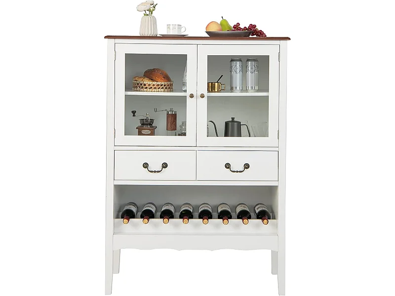 Buffet de cuisine à 2 portes vitrées avec 2 tiroirs porte-bouteilles,90x40x126,5cm blanc