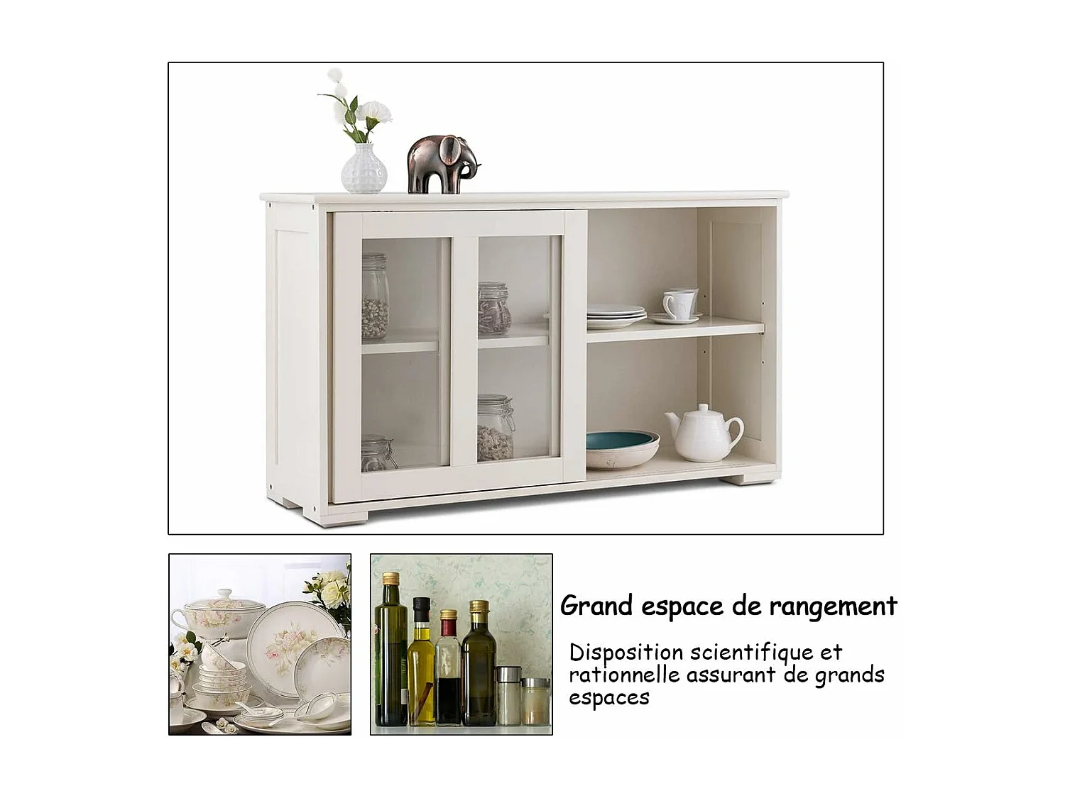 Buffet de cuisine, 2 etagères, porte coulissante, contemporain,blanc antique