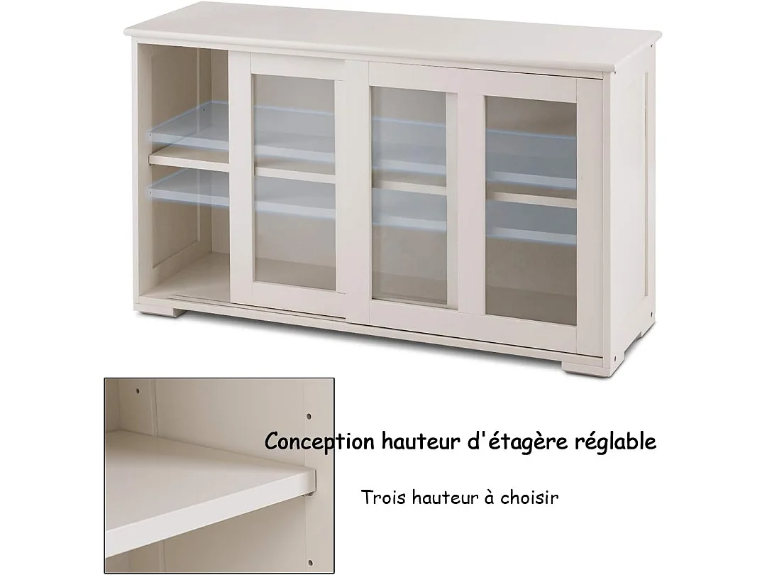 Buffet de cuisine, 2 etagères, porte coulissante, contemporain,blanc antique