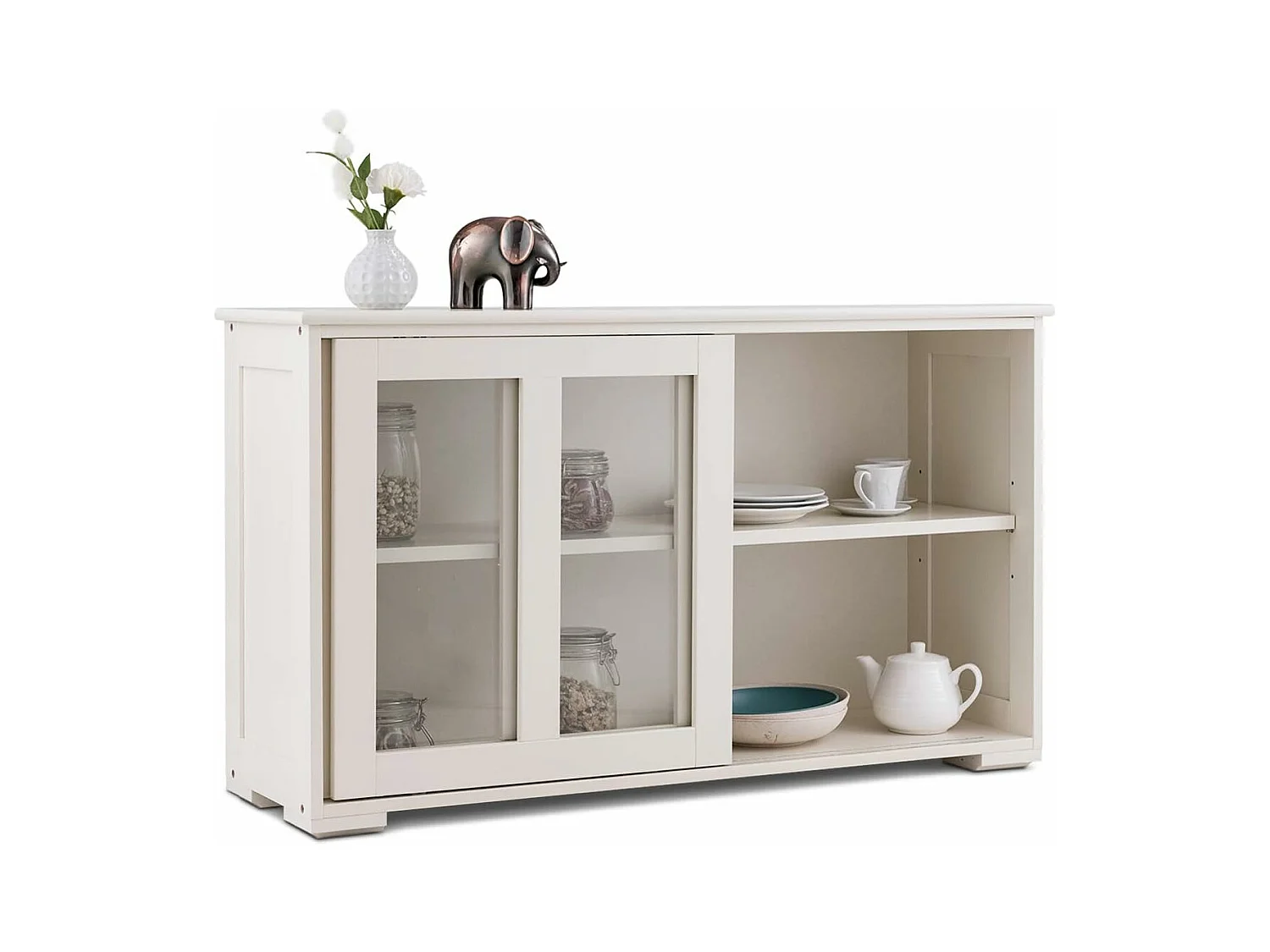 Buffet de cuisine, 2 etagères, porte coulissante, contemporain,blanc antique