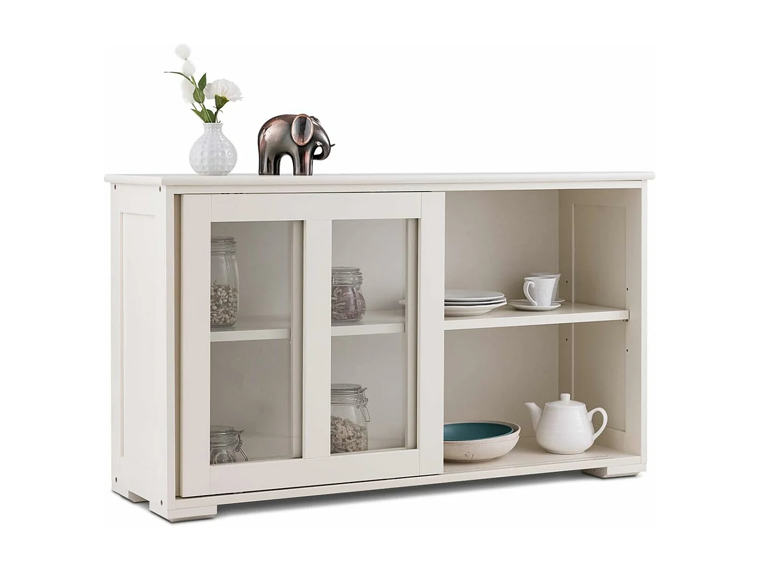 Buffet de cuisine, 2 etagères, porte coulissante, contemporain,blanc antique