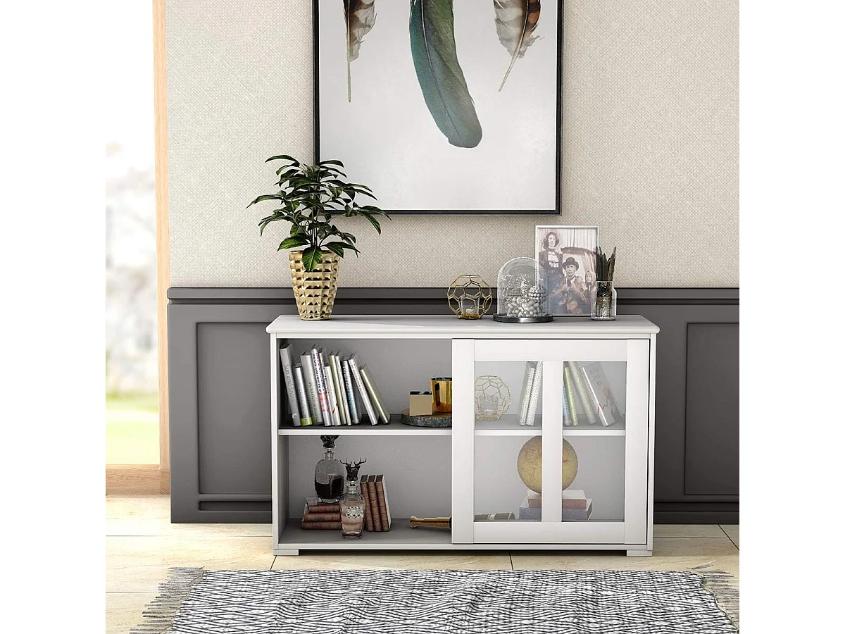 Buffet de cuisine, 2 etagères, porte coulissante, contemporain,blanc antique