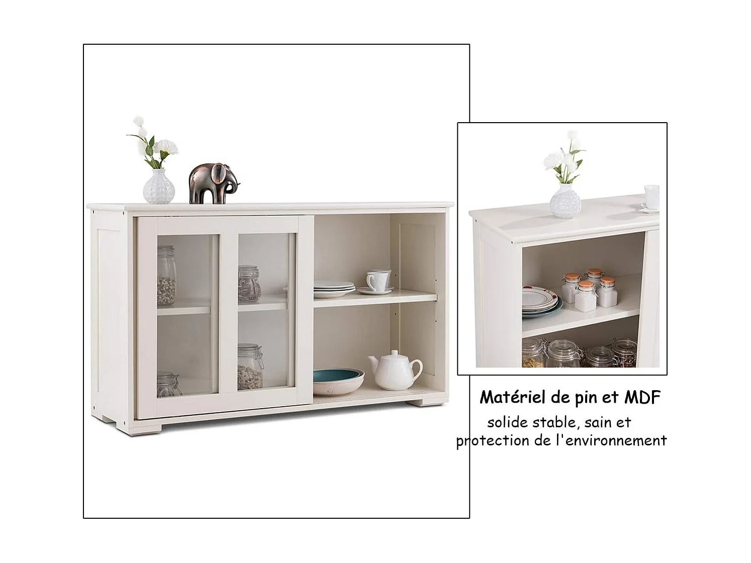 Buffet de cuisine, 2 etagères, porte coulissante, contemporain,blanc antique