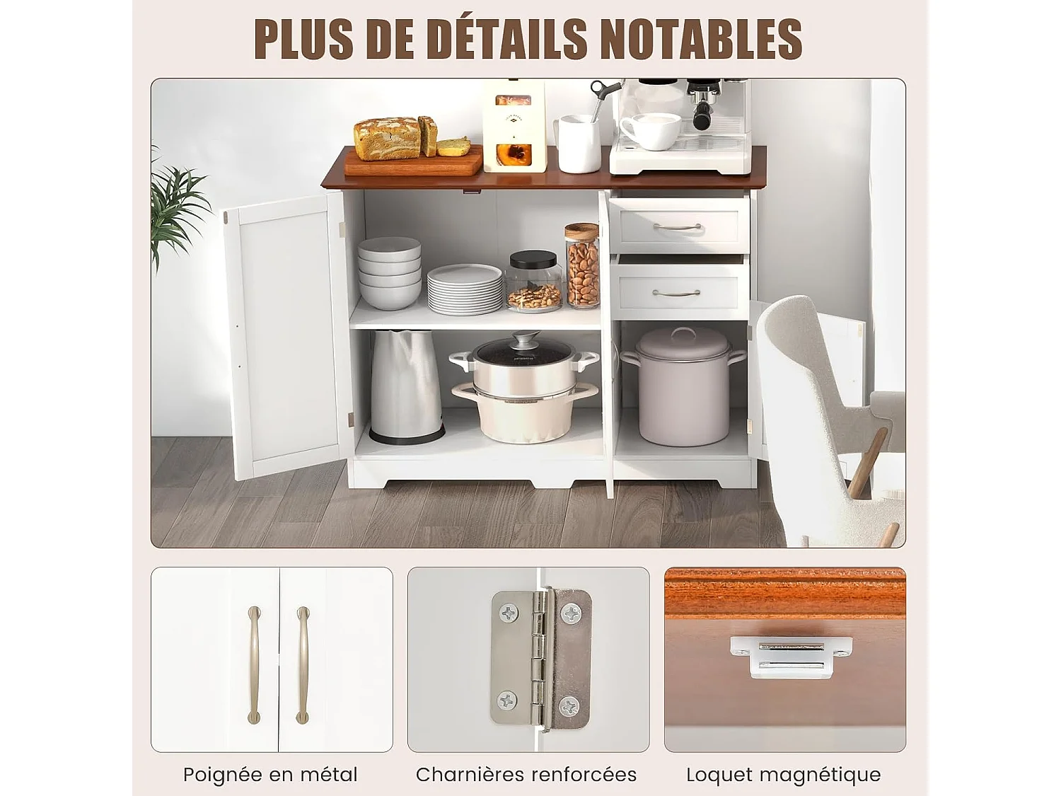Buffet Cuisine, Armoire de Cuisine 2 Placards 2 Tiroirs, Étagère Réglable, Meuble Bas Cuisine pour Salon, Meuble de Rangement, Blanc, 100 x 40 x 78 cm (Blanc)